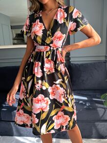 EURMUSE Floral Print Surplice Neck Belted Dress - Multicolor - View 5