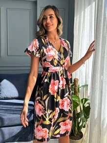 EURMUSE Floral Print Surplice Neck Belted Dress - Multicolor - View 6