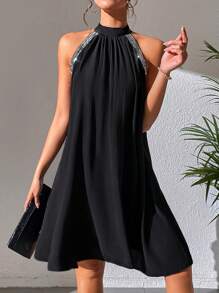 SHEIN Clasi Contrast Sequin Halter Neck Dress