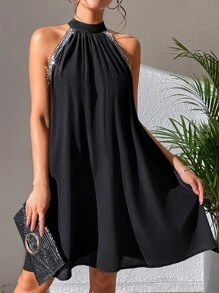 SHEIN Clasi Contrast Sequin Halter Neck Dress