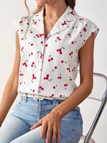 SHEIN Frenchy 滿版櫻桃圖案蝙蝠袖襯衫