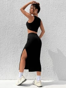 SHEIN EZwear 素色短款背心和高衩半身裙 - 黑色 - 查看 2