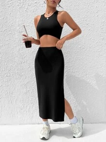 SHEIN EZwear 素色短款背心和高衩半身裙 - 黑色 - 查看 4