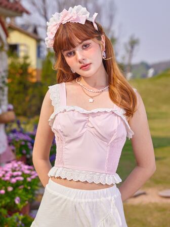 Kawaii Débardeurs et camisoles pour femmes Plissé Broderie anglaise Casual Unicolore