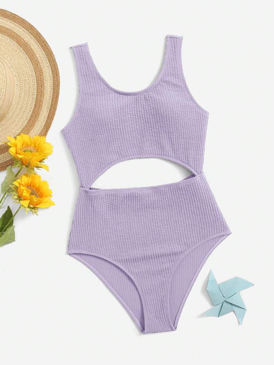 Swim Basics Teen Girls Textured Cut Out One Piece Swimsuit - Mauve Purple - View 1