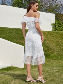 Eilly Bazar 挖肩荷葉邊蕾絲連衣裙 - 白色 - 查看 2
