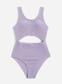 Swim Basics Teen Girls Textured Cut Out One Piece Swimsuit - Mauve Purple - View 3