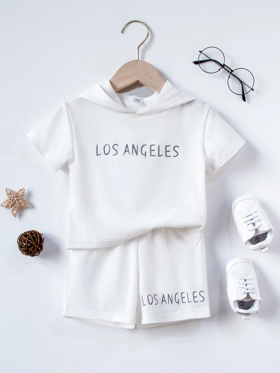 Baby Boy Letter Graphic Hooded Tee & Shorts - White - View 1