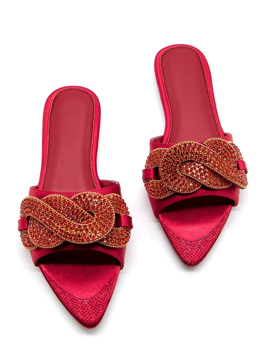 Dép lê đế bằng thanh lịch dành cho nữ, dép xỏ ngón mũi nhọn bằng satin đính đá lấp lánh, thích hợp cho lễ tình nhân và trang phục mùa xuân hè. - Đỏ - Xem 1
