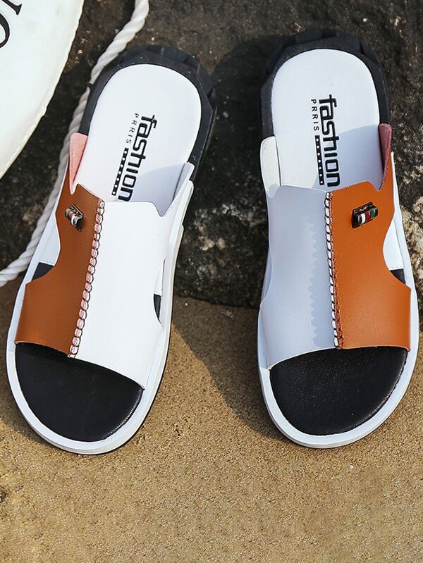 Fashionable Slides For Men, Two Tone Metal Decor Cut Out Design Slippers