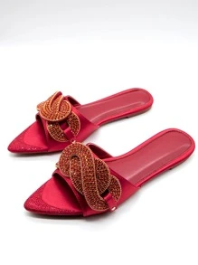 Dép lê đế bằng thanh lịch dành cho nữ, dép xỏ ngón mũi nhọn bằng satin đính đá lấp lánh, thích hợp cho lễ tình nhân và trang phục mùa xuân hè. - Đỏ - Xem 3