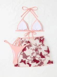 蝴蝶刺繡露背三角形夏日沙灘比基尼套裝搭配沙灘裙 - 淺粉色 - 查看 2