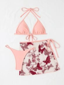 蝴蝶刺繡露背三角形夏日沙灘比基尼套裝搭配沙灘裙 - 淺粉色 - 查看 3