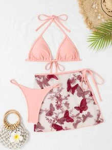 蝴蝶刺繡露背三角形夏日沙灘比基尼套裝搭配沙灘裙 - 淺粉色 - 查看 5