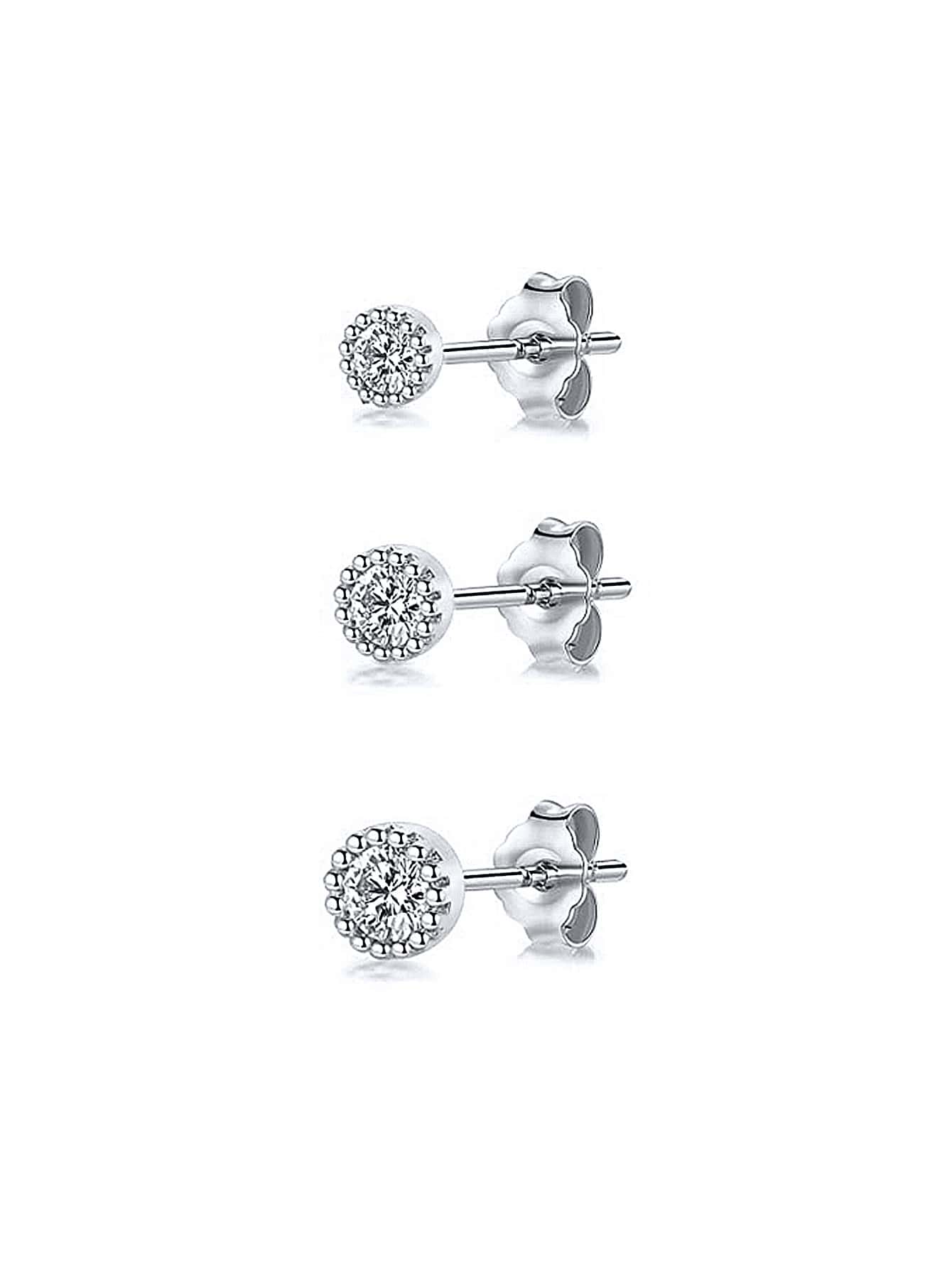 3入組/套方晶鋯石圓形銀耳釘適合女士新娘婚禮精細首飾類 - 銀色 - 查看 1