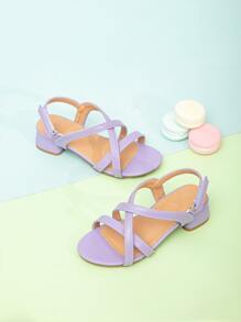 女孩交叉帶高跟時尚紫色露跟涼鞋