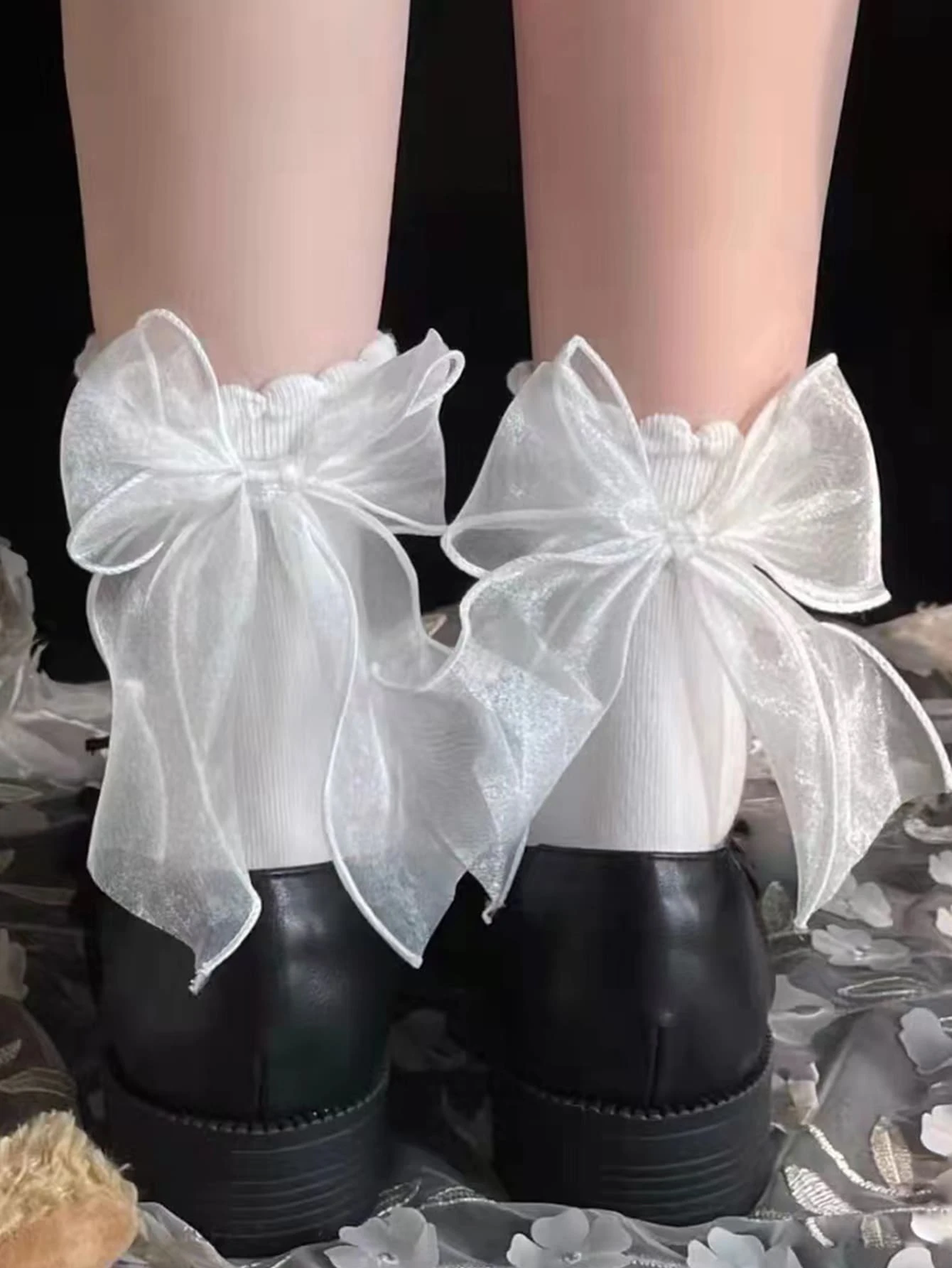 Bow Decor Crew Socks - White - View 1