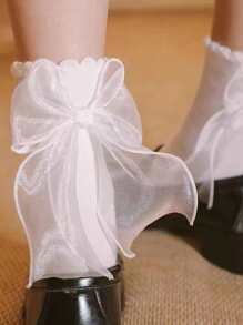 Bow Decor Crew Socks - White - View 2