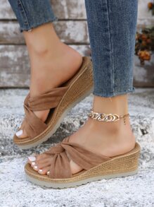 Women Twist Decor Espadrille Sandals, Vacation Faux Suede Wedge Slide Sandals