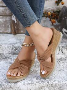 Women Twist Decor Espadrille Sandals, Vacation Faux Suede Wedge Slide Sandals