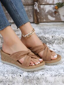 Women Twist Decor Espadrille Sandals, Vacation Faux Suede Wedge Slide Sandals