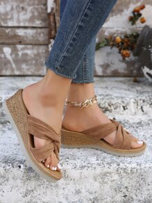 Women Twist Decor Espadrille Sandals, Vacation Faux Suede Wedge Slide Sandals