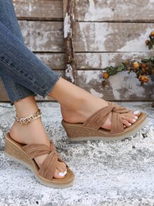 Women Twist Decor Espadrille Sandals, Vacation Faux Suede Wedge Slide Sandals