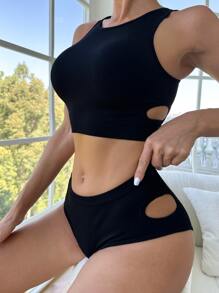 Solid Cut Out Lingerie Set - Black - View 1