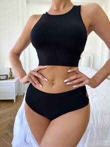 Solid Cut Out Lingerie Set - Black - View 3