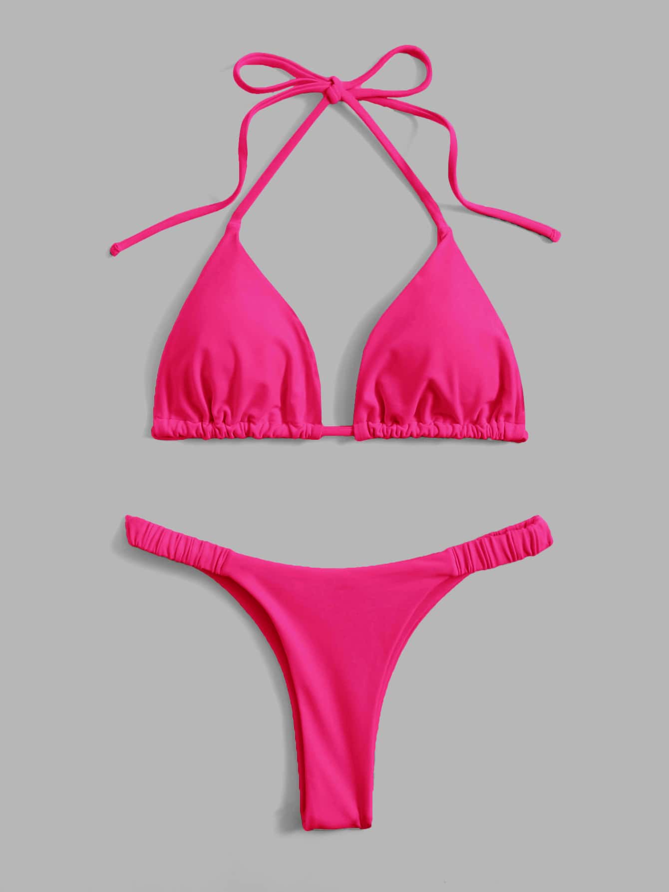 Swim Basics Summer Beach Solid Bikini Set Halter Triangle Bra & Thong 2 Piece Bathing Suit - Hot Pink - View 1
