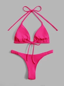 Swim Basics Summer Beach Solid Bikini Set Halter Triangle Bra & Thong 2 Piece Bathing Suit - Hot Pink - View 2