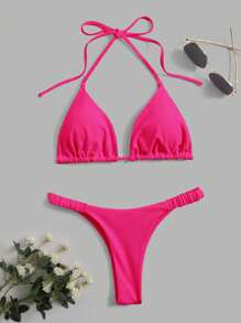 Swim Basics Summer Beach Solid Bikini Set Halter Triangle Bra & Thong 2 Piece Bathing Suit - Hot Pink - View 4