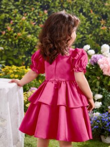 SHEIN Đầm bé gái cườm đính Ngọc trai phân lớp Dây kéo màu trơn Buổi tiệc - Màu Hồng Tươi - Xem 2