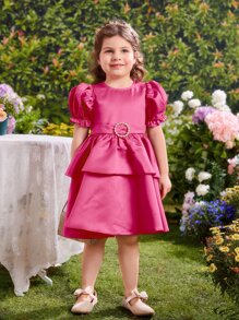 SHEIN Đầm bé gái cườm đính Ngọc trai phân lớp Dây kéo màu trơn Buổi tiệc - Màu Hồng Tươi - Xem 3