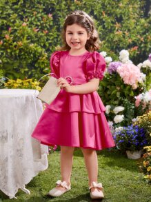 SHEIN Đầm bé gái cườm đính Ngọc trai phân lớp Dây kéo màu trơn Buổi tiệc - Màu Hồng Tươi - Xem 4