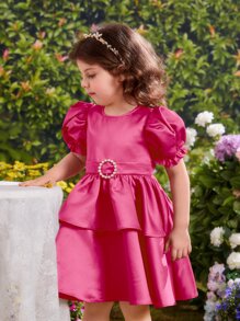 SHEIN Đầm bé gái cườm đính Ngọc trai phân lớp Dây kéo màu trơn Buổi tiệc - Màu Hồng Tươi - Xem 5