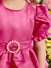 SHEIN Đầm bé gái cườm đính Ngọc trai phân lớp Dây kéo màu trơn Buổi tiệc - Màu Hồng Tươi - Xem 6