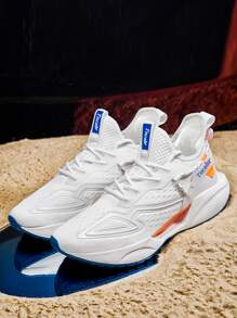 Men Lace Up Drawstring Detail Running Shoes, Sporty Outdoor Fabric Sneakers - White - View 6