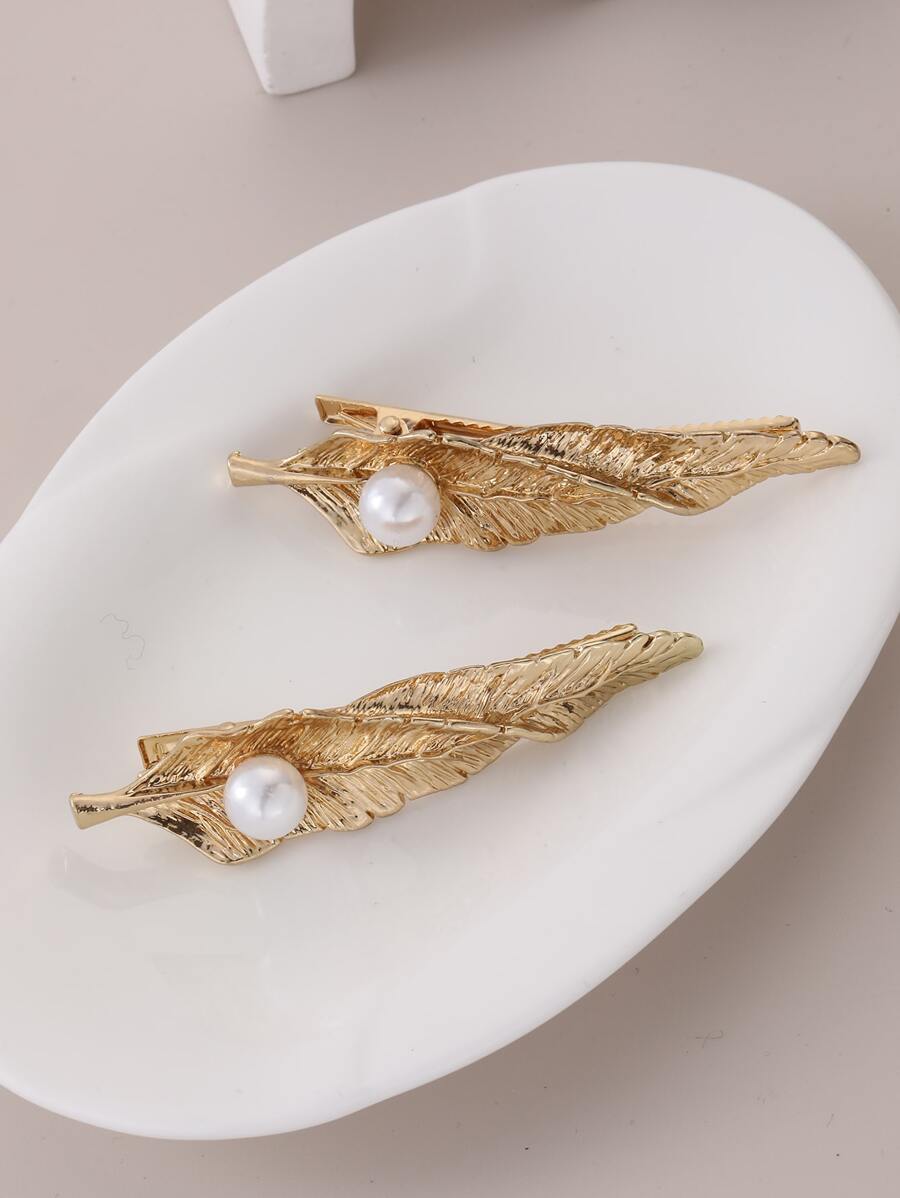 2 chiếc kẹp tóc giả ngọc trai & trang trí lá phong cách thời trang cho nữ - Vàng - Xem 1