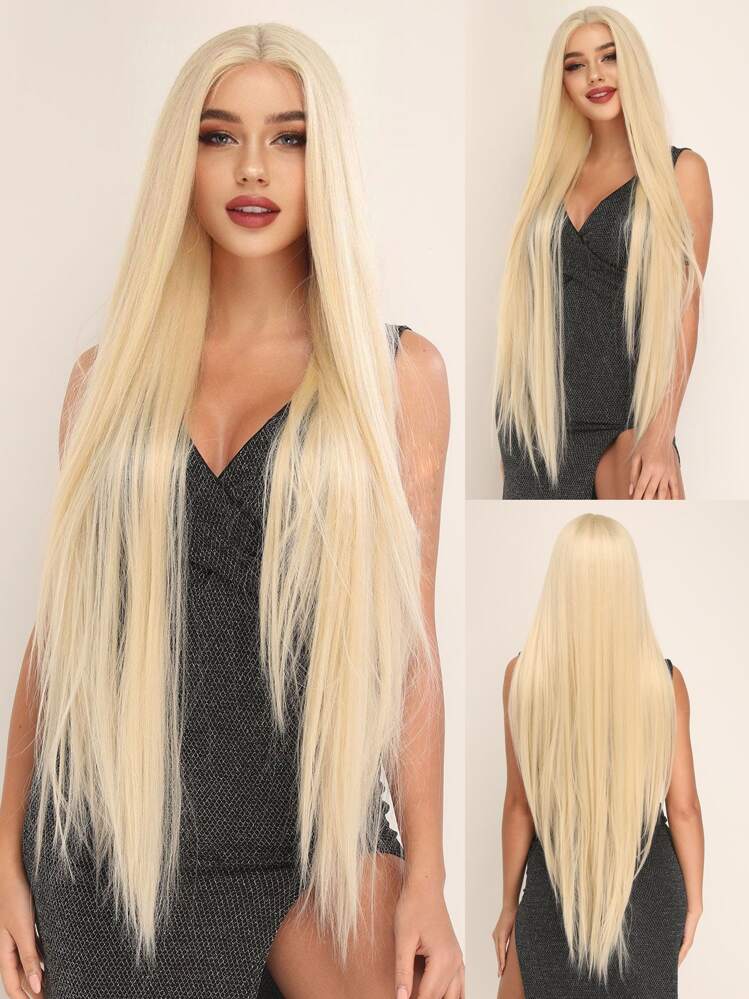 13 4 1 T Part Synthetic Super Long Blonde Straight Lace Front Wig For Women Glueless Heat Resistant Fiber Hair High Density 40 Inch Natural Pre Plucked HairlineHD Transparent Lace Wig 1pc Wig Cap