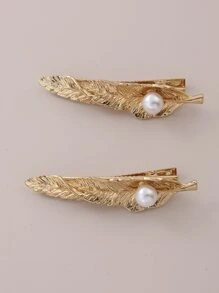 2 chiếc kẹp tóc giả ngọc trai & trang trí lá phong cách thời trang cho nữ - Vàng - Xem 2