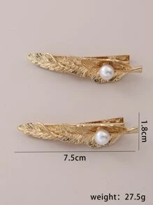 2 chiếc kẹp tóc giả ngọc trai & trang trí lá phong cách thời trang cho nữ - Vàng - Xem 5