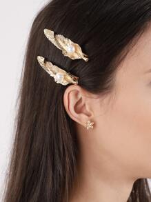 2 chiếc kẹp tóc giả ngọc trai & trang trí lá phong cách thời trang cho nữ - Vàng - Xem 6