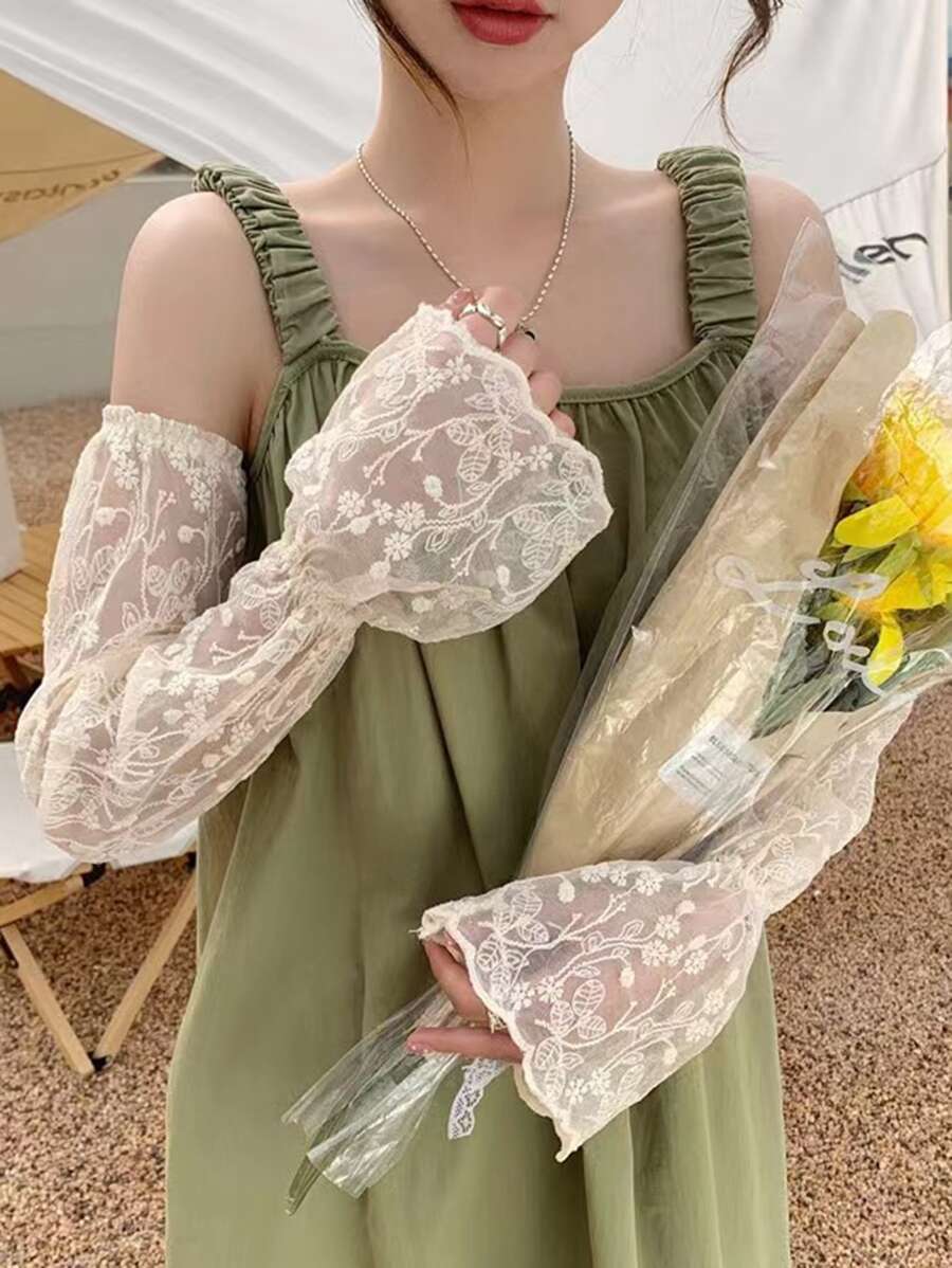 1pair Women Floral Embroidered Ruffle Trim Sun Protection Arm Sleeves For Outdoor Valentine's Day