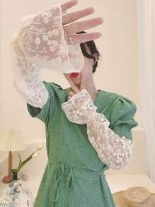 1pair Women Floral Embroidered Ruffle Trim Sun Protection Arm Sleeves For Outdoor Valentine's Day