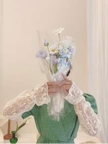 1pair Women Floral Embroidered Ruffle Trim Sun Protection Arm Sleeves For Outdoor Valentine's Day