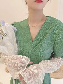 1pair Women Floral Embroidered Ruffle Trim Sun Protection Arm Sleeves For Outdoor Valentine's Day