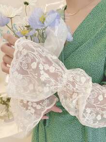 1pair Women Floral Embroidered Ruffle Trim Sun Protection Arm Sleeves For Outdoor Valentine's Day