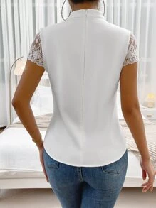 SHEIN Privé Keyhole Neckline Contrast Mesh Blouse - White - View 2