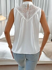 SHEIN Privé Contrast Lace Mock Neck Keyhole Back Sleeveless Blouse - White - View 2